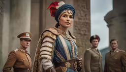 the actress is standing next to a group of men in military uniforms