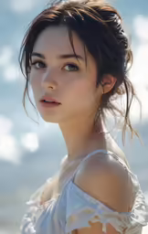 a woman standing on the beach looking at the camera