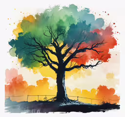 a watercolor painting of a tree,a colorful tree with leaves and branches