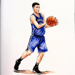 the young man in the uniform of the basketball is running,there is a man wearing a blue uniform holding a basketball