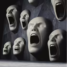 many dummy heads are shown with open mouths