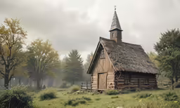 an old barn with a thatched roof and a cross
