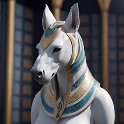 a white horse with gold trim, blue and white stripes