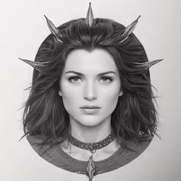a woman wearing horns on her head with an oval background