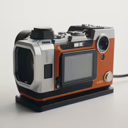 a black and orange camera sitting on top of a white surface