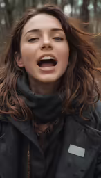 woman crying outdoors, she is wearing a scarf and a gray coat
