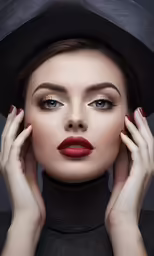a woman with red lipstick and black hat