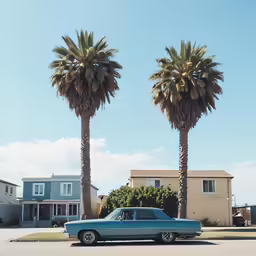 a blue car in front of two palm trees