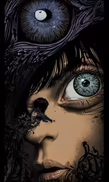 a girl with her eyes open, with her face painted