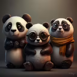 three panda bears that are all dressed up