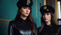 two women in uniforms are standing close to each other,two women dressed in black police uniforms standing next to each other