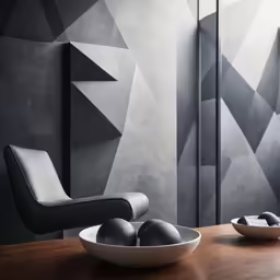 a chair, bowl of gray balls and two wall panels