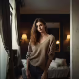 a girl posing in a very dimly lit room