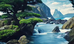 a picture of a waterfall going down to the ocean