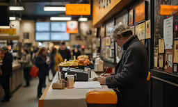 a man sitting at a counter writing a menu