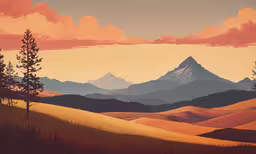a painting of mountains in the background and some trees,a picture of a mountains range with a sunset