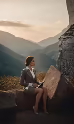 a woman sitting on a large rock in the middle of a mountain