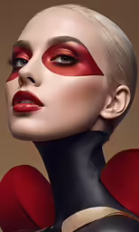 the woman with red lipstick and black face paint has red heart shaped shapes on her cheeks