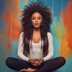 the woman is sitting down on the floor in a pose