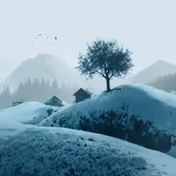 an image of a lone tree on top of a snowy hill