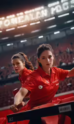 two women in tennis apparel, one holding the racket as if ready to play a game