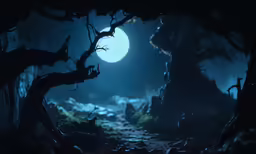 a dark forest with a full moon and a trail