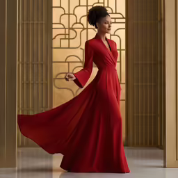 a beautiful woman in a red long dress