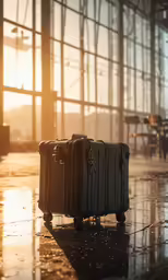 suitcases sit in a deserted hallway of an airport