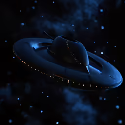 a large silver spaceship flying through the night sky