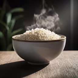 a bowl filled with white cauliflower sitting on top of a wooden table