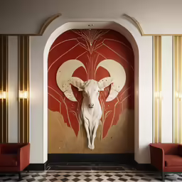 the interior design of a modern office with a decorative ram wall