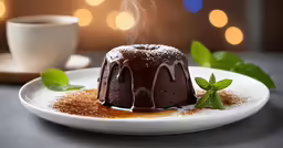 a chocolate bundt cake is on a plate near a cup