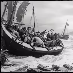 there are several people in a boat with sails