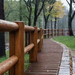 a wooden walkway that runs through a park