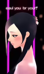 a girl in a pink dress with a purple sign above her head