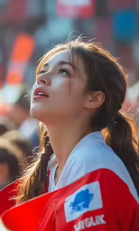 an asian girl in a red and white shirt staring up at the sky