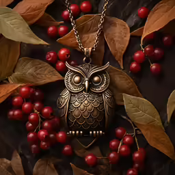 an owl on a chain with berries and leaves around it