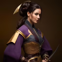 an oriental warrior woman with a sword poses for a photo