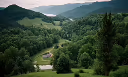 a mountain range with a valley surrounded by trees