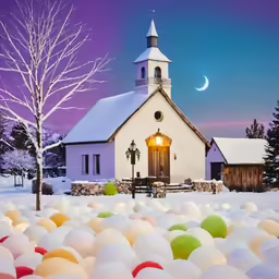 a church with a lot of eggs around it and trees in front of it