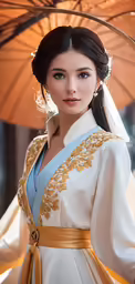 the girl in a white kimono is holding an umbrella