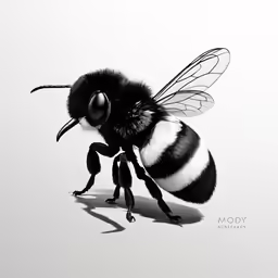 a small black and white bee on a gray background