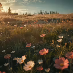 the sun shining down over a field with many flowers