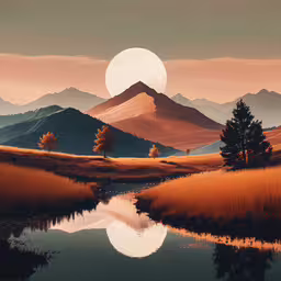 mountains reflected in water during sunset, with tree and grasses in foreground,some water bushes grass trees and a mountain