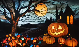 halloween pumpkins and trees lit up at night