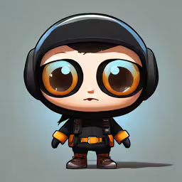 a little boy with big eyes wearing a batman hat and yellow eye glasses,an animated character with a hat and some headphones
