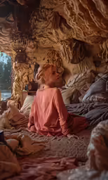 a woman is sitting on the bed of an alien cave