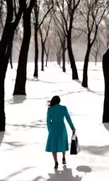 a woman in a dress is walking through the snow