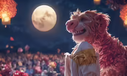 a large red creature is standing in front of the crowd