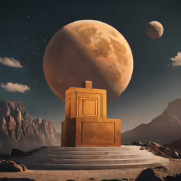 a small tower sitting between two mountains under the moon